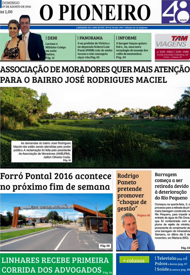 Primeira página do Jornal O PIONEIRO 07 de agosto de 2016