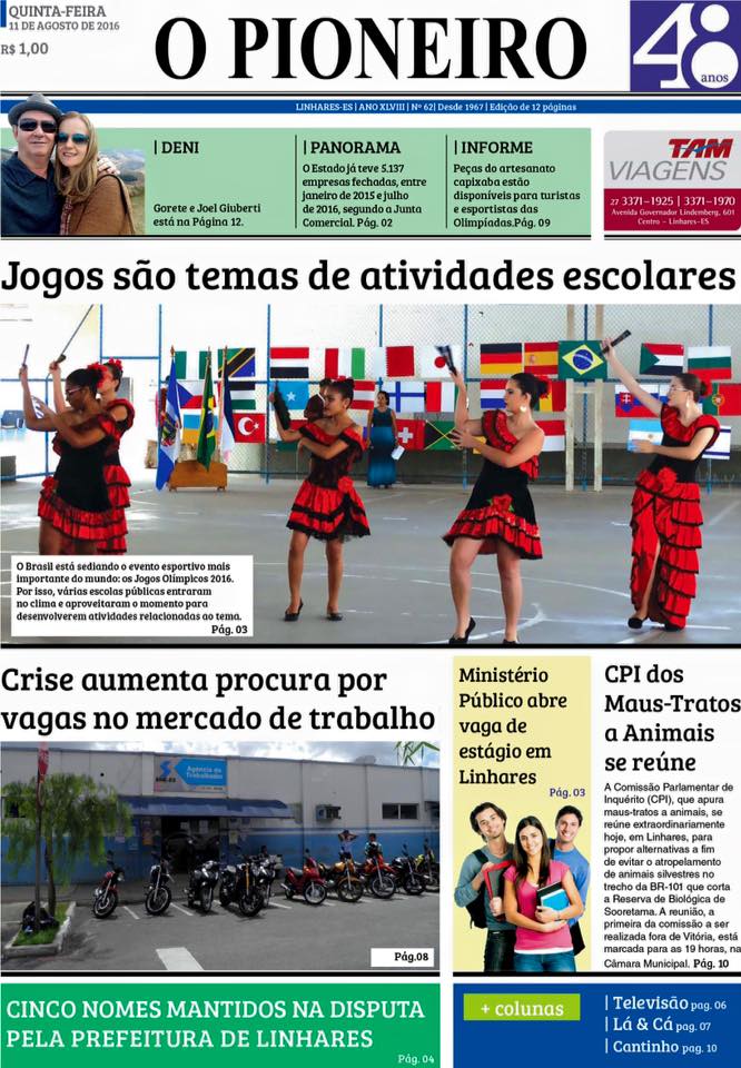 Primeira página do Jornal O PIONEIRO 11 de agosto de 2016