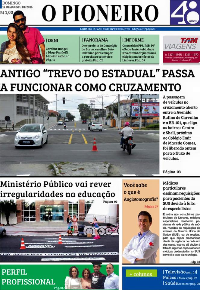 Primeira página do Jornal O PIONEIRO 14 de agosto de 2016