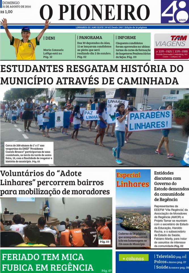 Primeira página do Jornal O PIONEIRO 21 de agosto de 2016