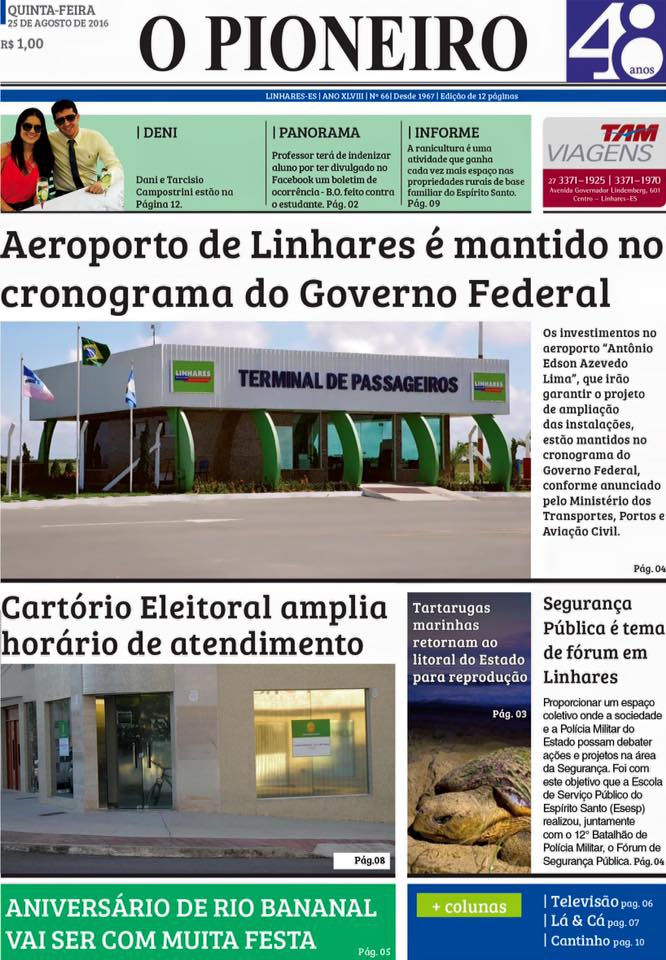 Primeira página do Jornal O PIONEIRO 25 de agosto de 2016