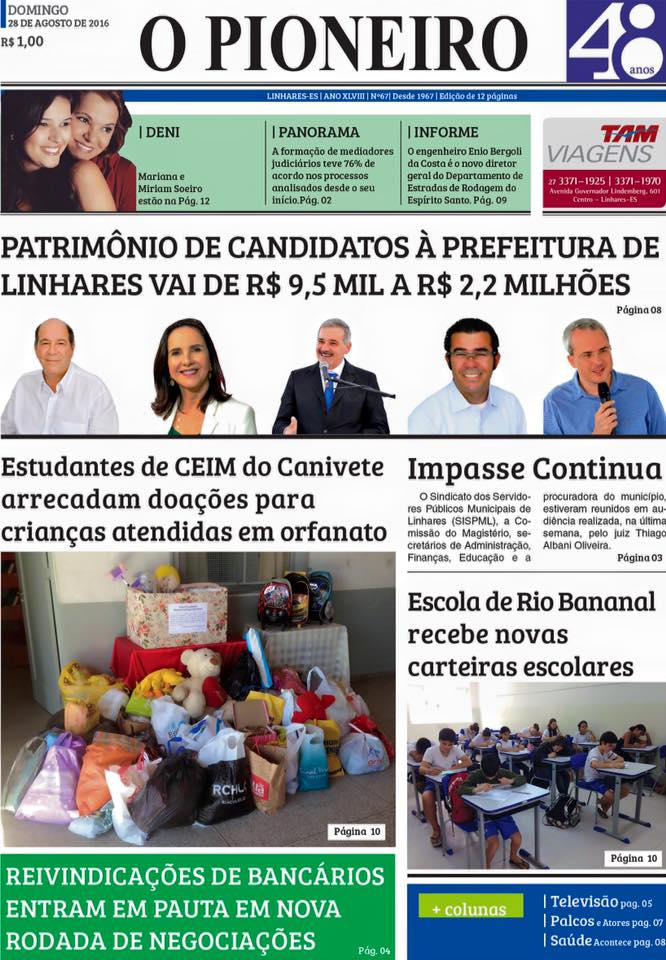 Primeira página do Jornal O PIONEIRO 28 de agosto de 2016