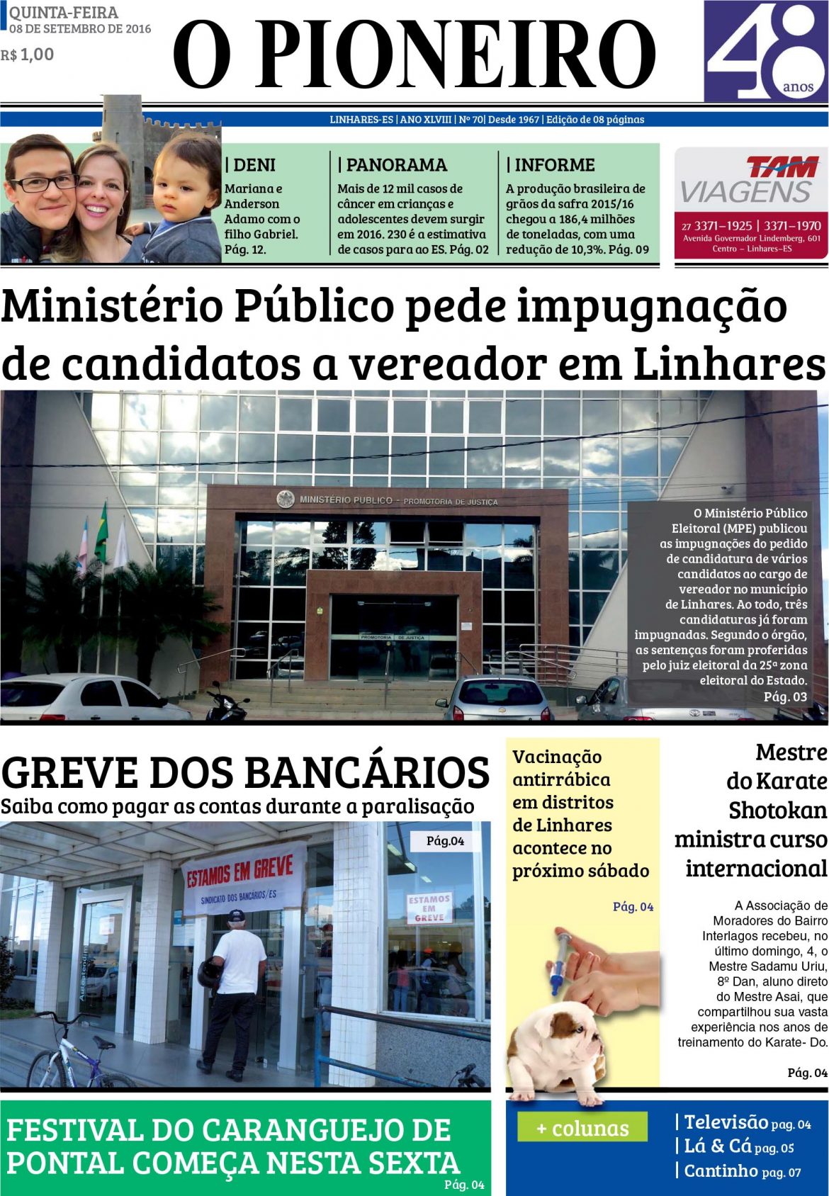 Primeira página do Jornal O PIONEIRO 08 de setembro de 2016
